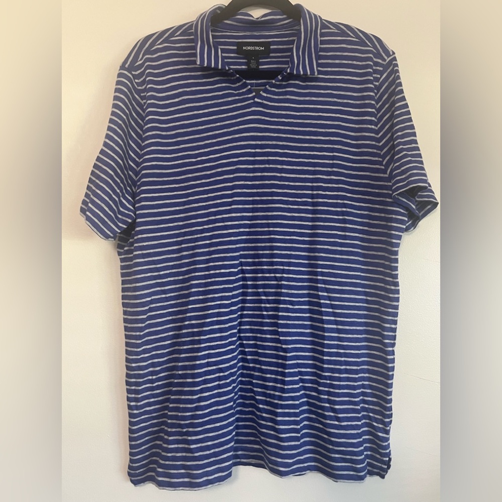 Nordstrom Men's Striped Linen Polo Shirt Size L - Blue & Gray - NWT
